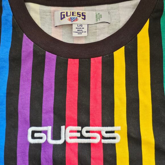 Men's Shirt J. Balvin Guess rainbow striped short sleeve crew neck tee L - Picture 3 of 4